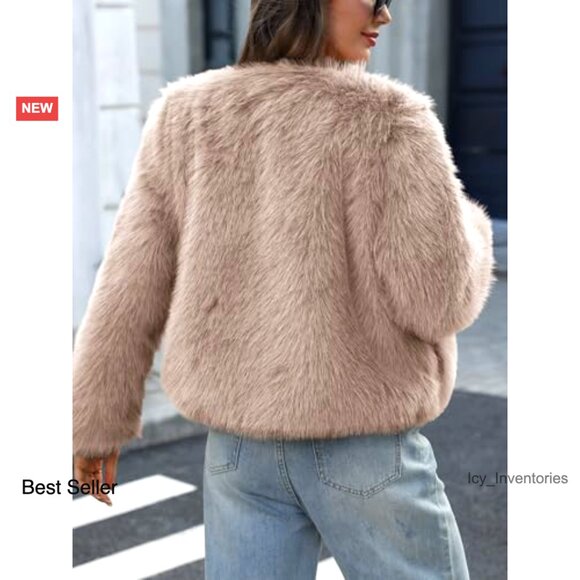 Fluffy Faux Fur Cropped Coat Soft Warm Winter Jacket with Hidden Hooks Pockets - Picture 3 of 7